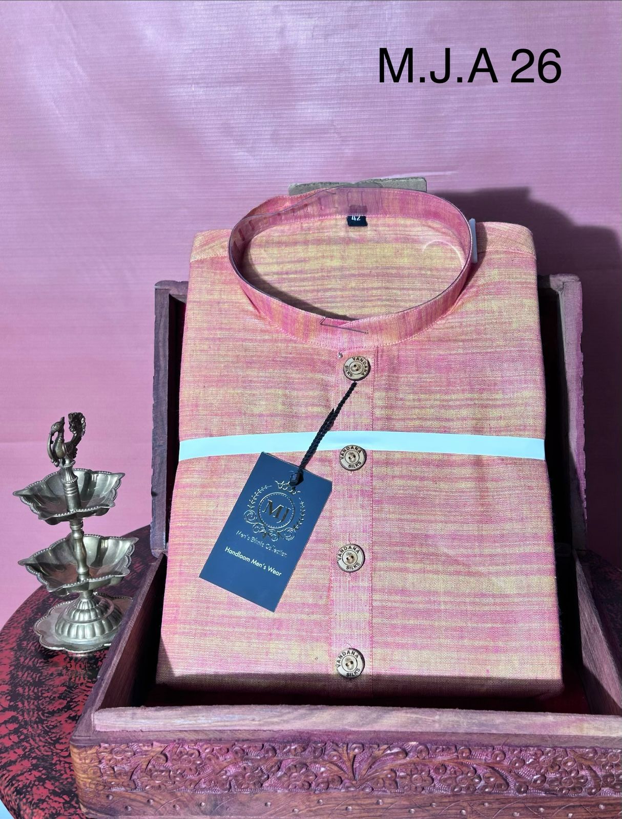 M.J.A 26 Peachy Pink Handloom Cotton Men’s Kurta with Wooden Buttons