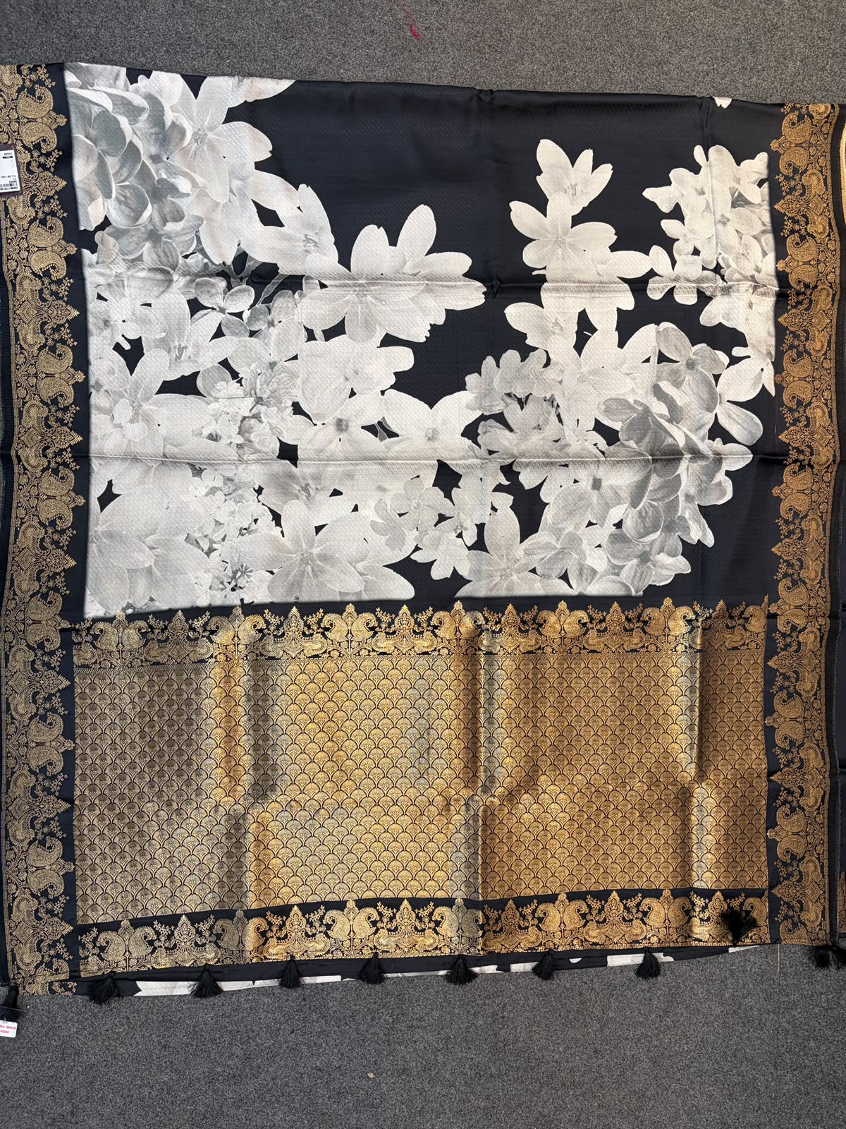 WAAH BANARAS 178D: Banarasi Crape Saree with Digital Floral Print &amp; Zari Border and Palla | Black