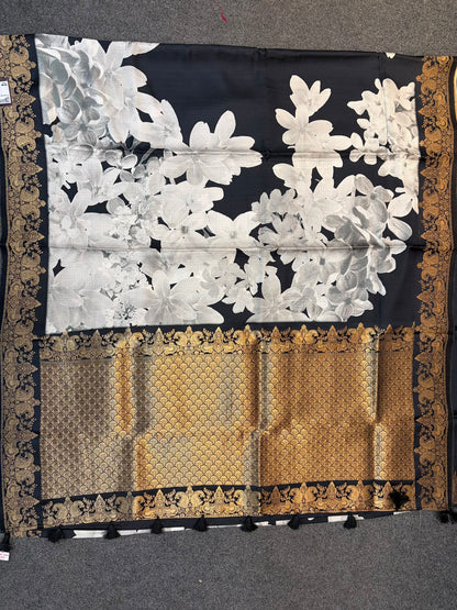 WAAH BANARAS 178D: Banarasi Crape Saree with Digital Floral Print &amp; Zari Border and Palla | Black