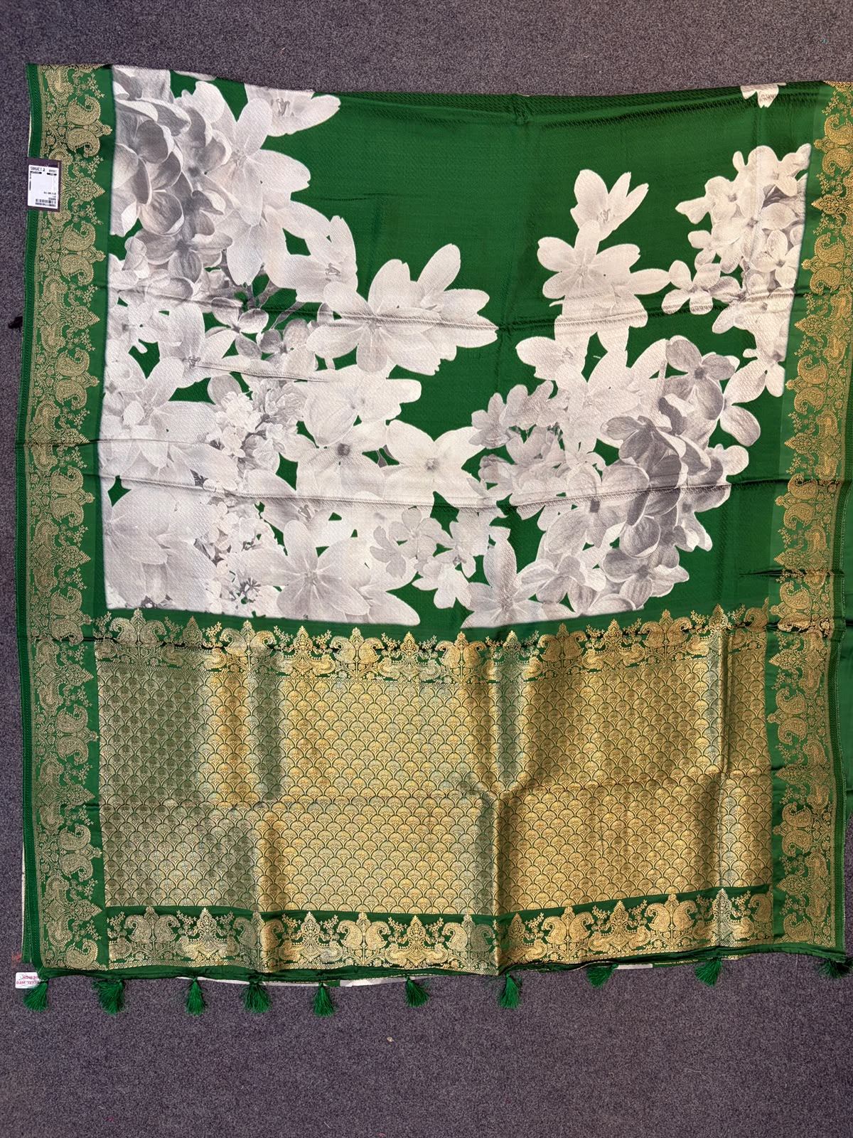 WAAH BANARAS 178: Banarasi Crape Saree with Digital Floral Print &amp; Zari Border and Palla | Reach Green
