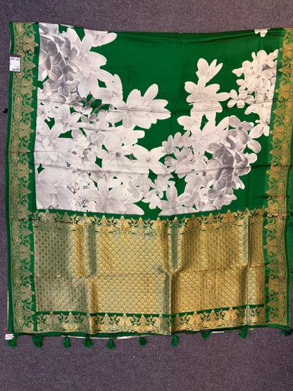 WAAH BANARAS 178: Banarasi Crape Saree with Digital Floral Print &amp; Zari Border and Palla | Reach Green