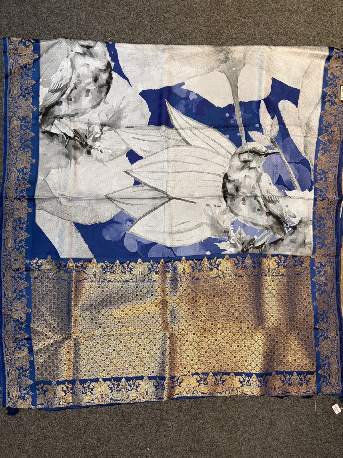 WAAH BANARAS 178A: Banarasi Crape Saree with Digital Floral Print &amp; Zari Border and Palla | Blue