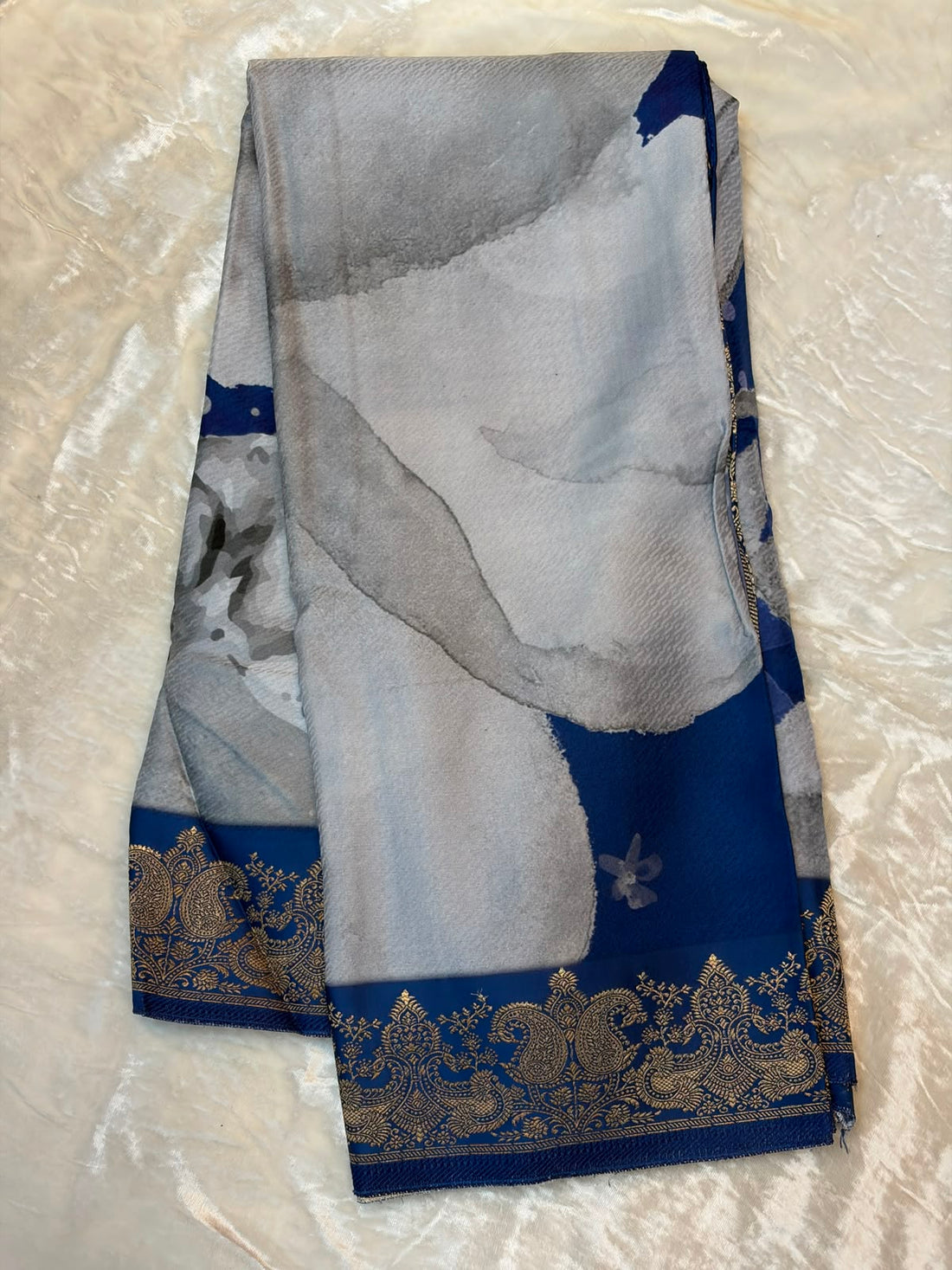 WAAH BANARAS 178A: Banarasi Crape Saree with Digital Floral Print &amp; Zari Border and Palla | Blue