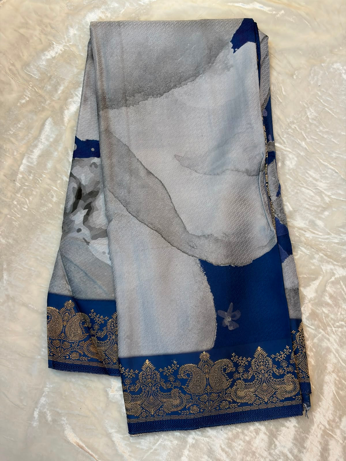 WAAH BANARAS 178A: Banarasi Crape Saree with Digital Floral Print &amp; Zari Border and Palla | Blue