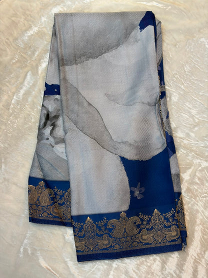 WAAH BANARAS 178A: Banarasi Crape Saree with Digital Floral Print &amp; Zari Border and Palla | Blue