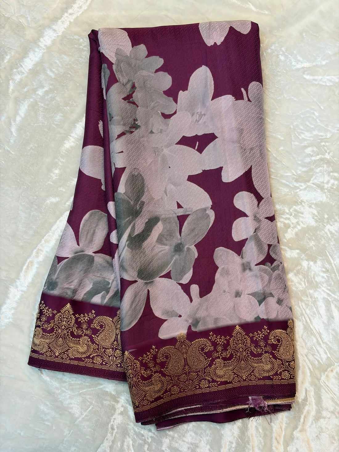 WAAH BANARAS 176: Banarasi Crape Saree with Digital Floral Print &amp; Zari Border and Palla | Deep Onion