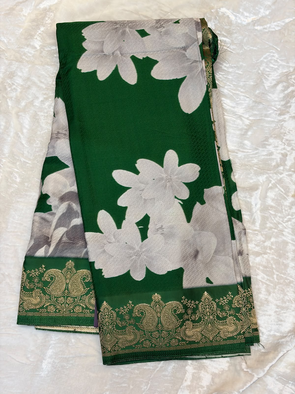 WAAH BANARAS 178: Banarasi Crape Saree with Digital Floral Print &amp; Zari Border and Palla | Reach Green