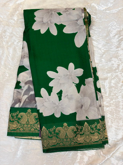 WAAH BANARAS 178: Banarasi Crape Saree with Digital Floral Print &amp; Zari Border and Palla | Reach Green
