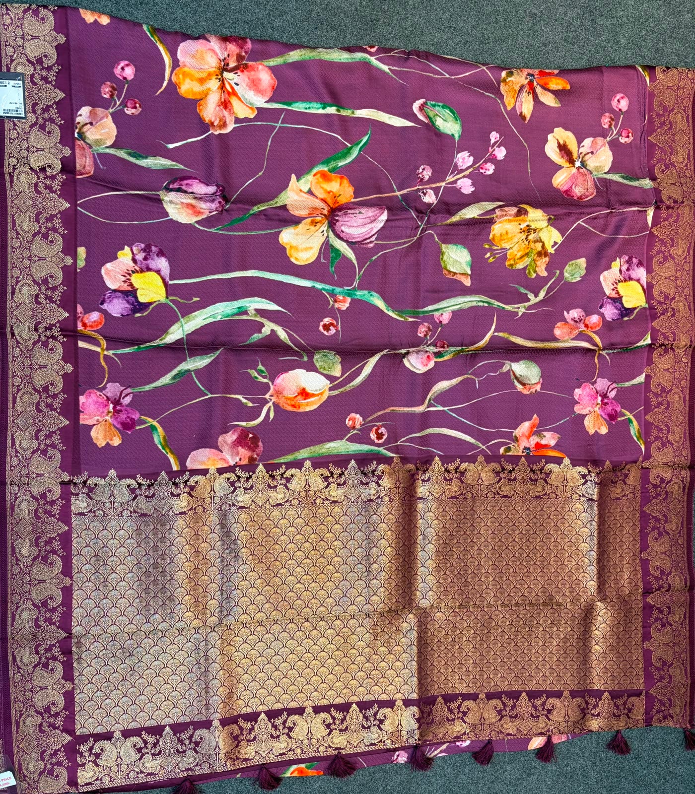 WAAH BANARAS 179F: Banarasi Crape Saree with Digital Floral Print &amp; Zari Border and Palla | Wine
