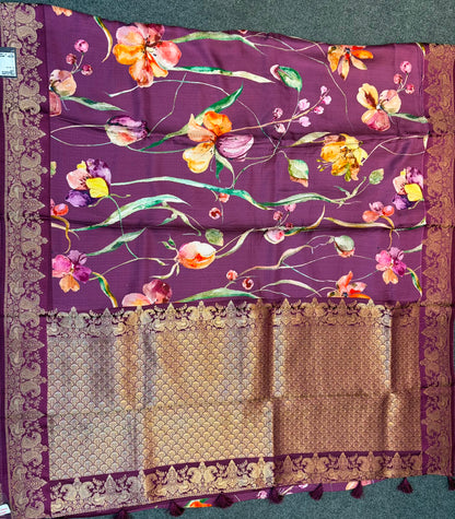 WAAH BANARAS 179F: Banarasi Crape Saree with Digital Floral Print &amp; Zari Border and Palla | Wine