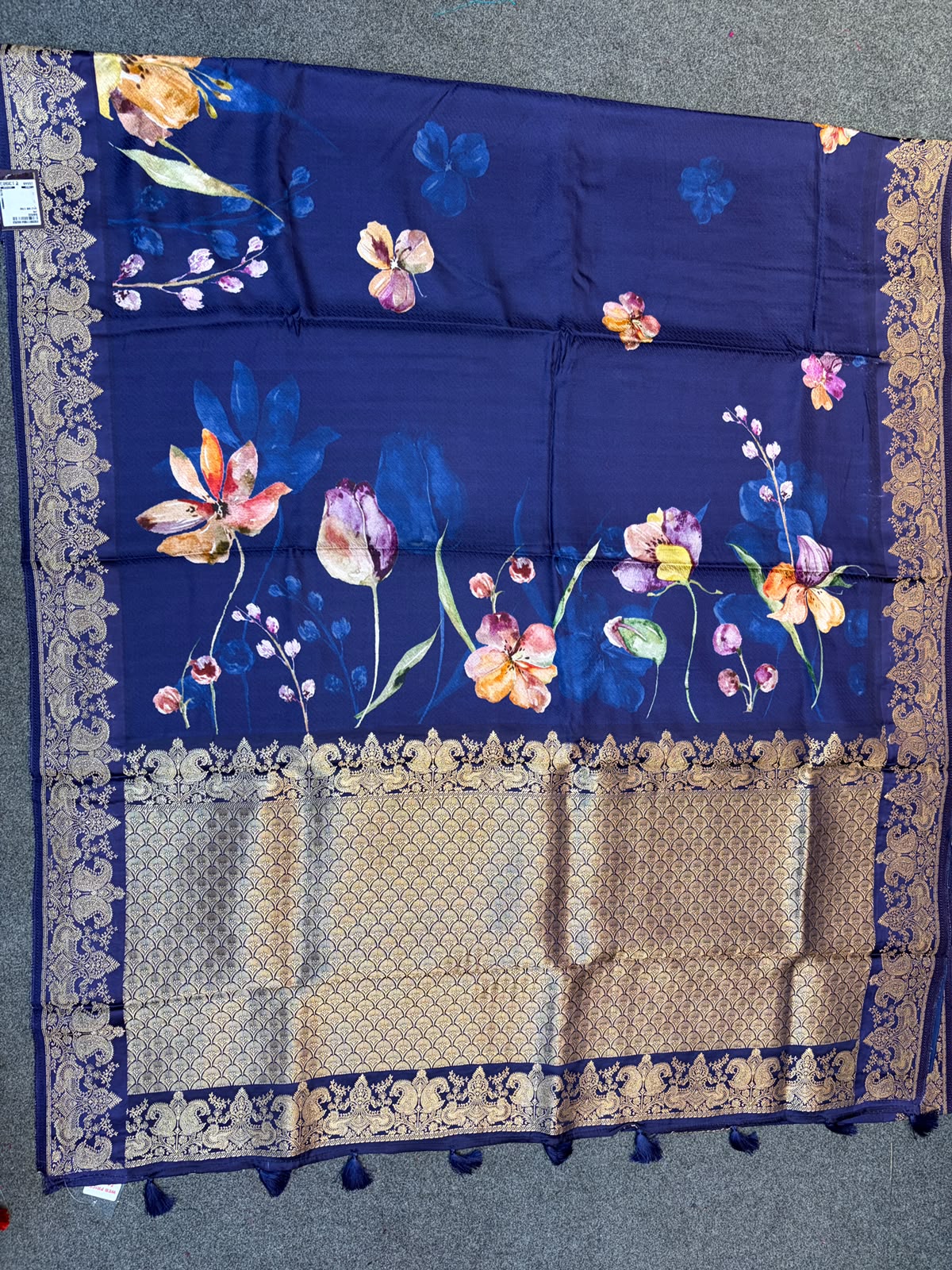 WAAH BANARAS 179E: Banarasi Crape Saree with Digital Floral Print &amp; Zari Border and Palla | Blue