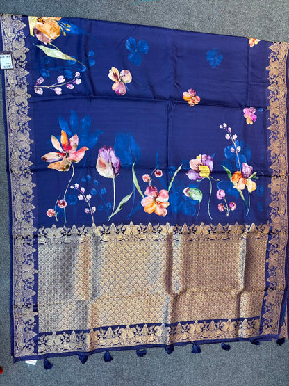 WAAH BANARAS 179E: Banarasi Crape Saree with Digital Floral Print &amp; Zari Border and Palla | Blue