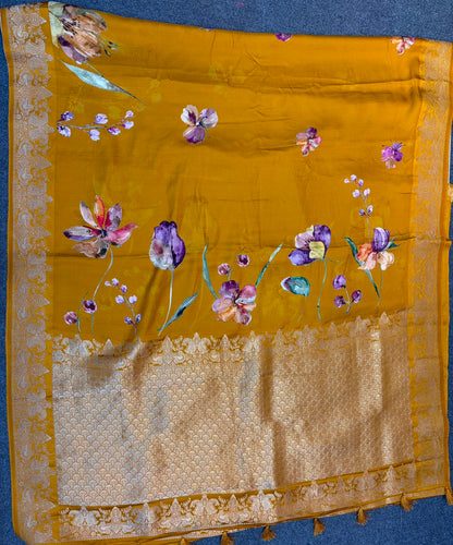 WAAH BANARAS 179: Banarasi Crape Saree with Digital Floral Print &amp; Zari Border and Palla | Mustard Yellow
