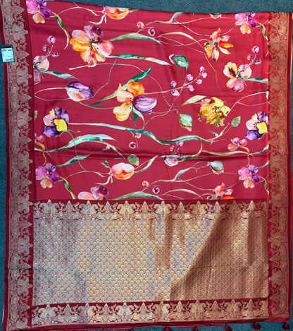 WAAH BANARAS 179D: Banarasi Crape Saree with Digital Floral Print &amp; Zari Border and Palla | Reach Maroon