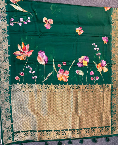 WAAH BANARAS 179A:Banarasi Crape Saree with Digital Floral Print &amp; Zari Border and Palla | Bottle Green