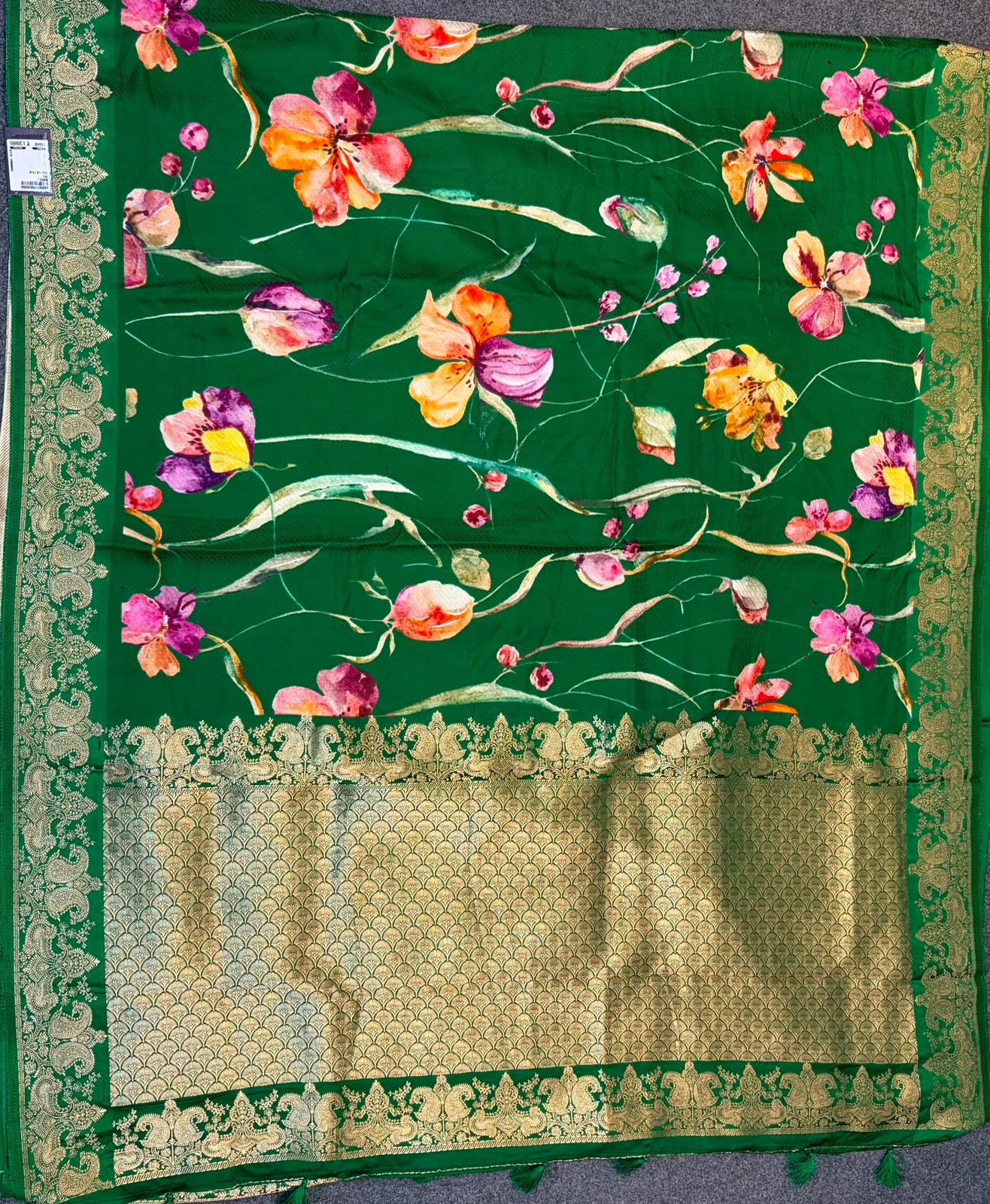 WAAH BANARAS 179B:Banarasi Crape Saree with Digital Floral Print &amp; Zari Border and Palla | Bottle Green