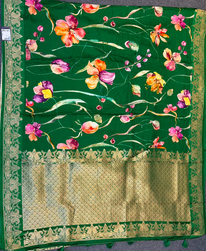 WAAH BANARAS 179B:Banarasi Crape Saree with Digital Floral Print &amp; Zari Border and Palla | Bottle Green