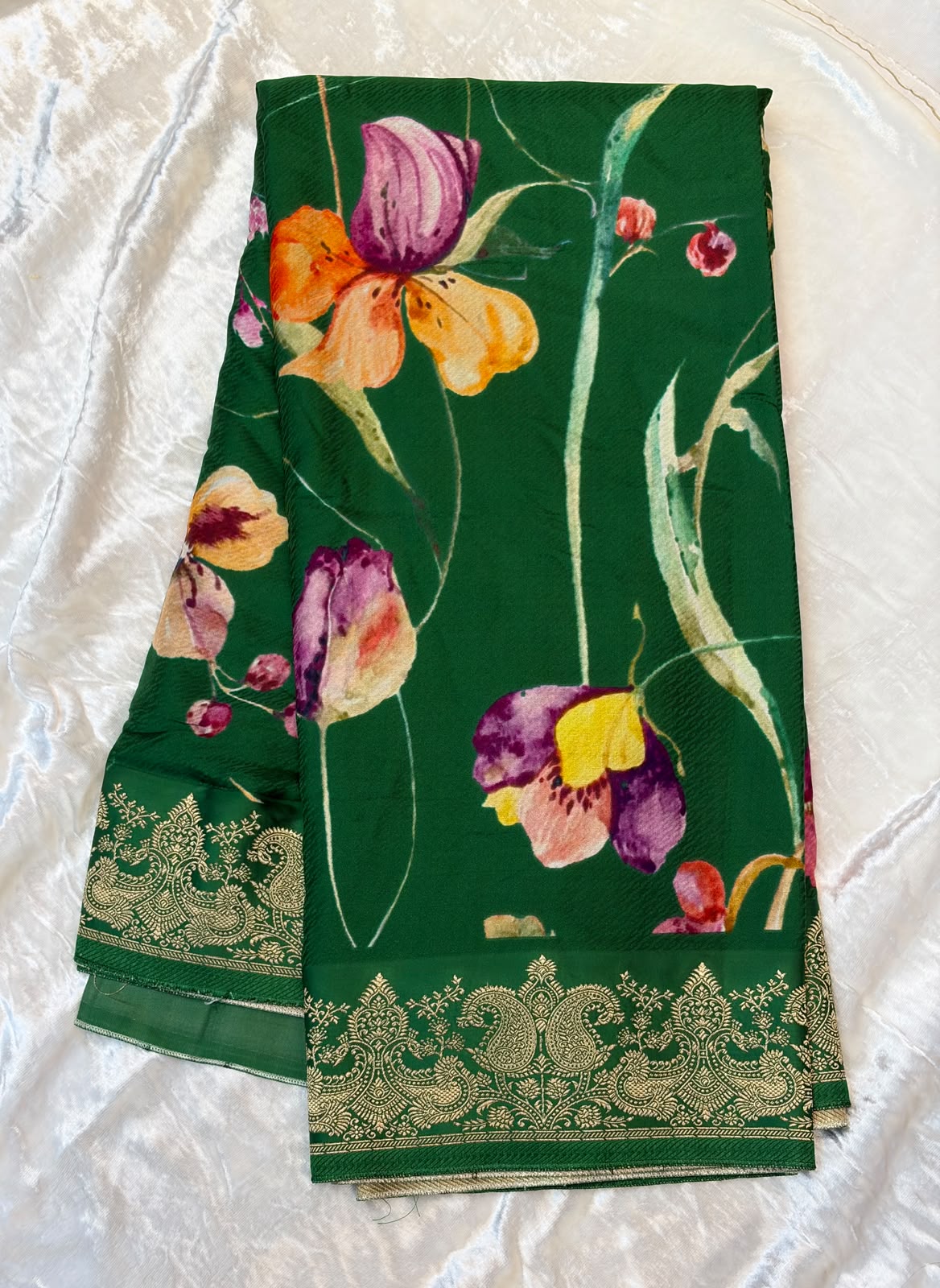 WAAH BANARAS 179B:Banarasi Crape Saree with Digital Floral Print &amp; Zari Border and Palla | Bottle Green