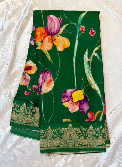 WAAH BANARAS 179B:Banarasi Crape Saree with Digital Floral Print &amp; Zari Border and Palla | Bottle Green