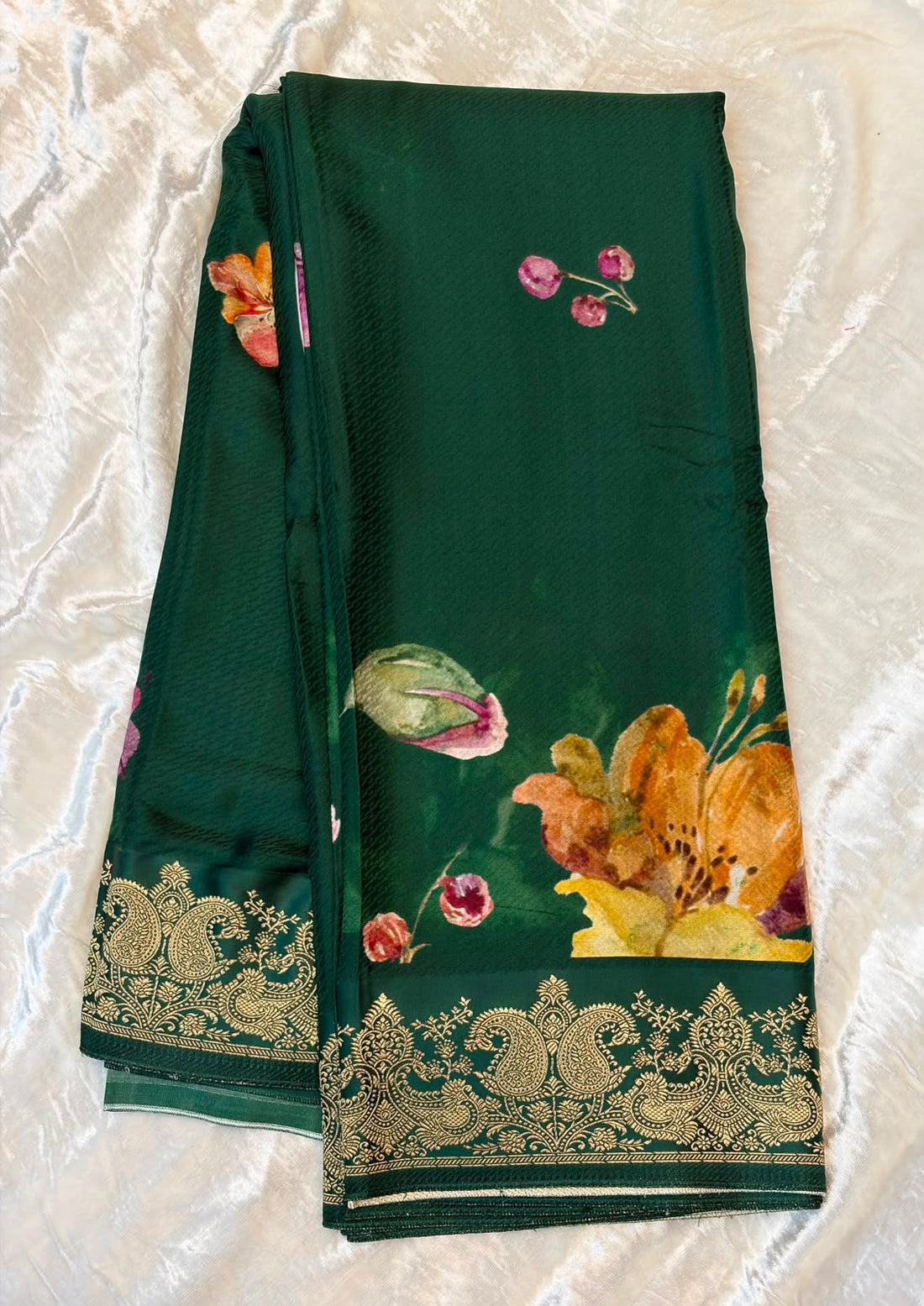 WAAH BANARAS 179A:Banarasi Crape Saree with Digital Floral Print &amp; Zari Border and Palla | Bottle Green