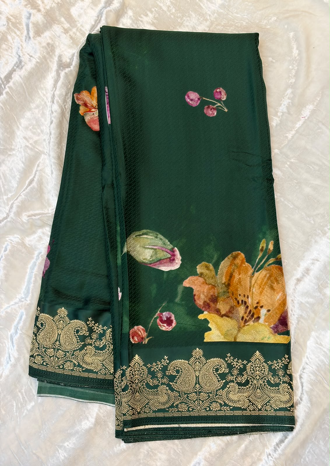 WAAH BANARAS 179A:Banarasi Crape Saree with Digital Floral Print &amp; Zari Border and Palla | Bottle Green