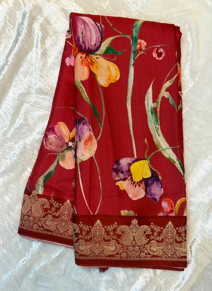 WAAH BANARAS 179D: Banarasi Crape Saree with Digital Floral Print &amp; Zari Border and Palla | Reach Maroon