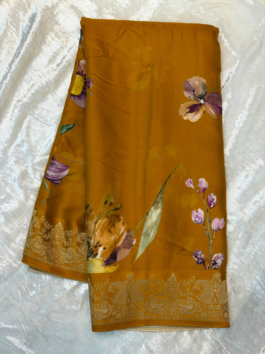 WAAH BANARAS 179: Banarasi Crape Saree with Digital Floral Print &amp; Zari Border and Palla | Mustard Yellow