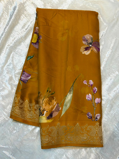 WAAH BANARAS 179: Banarasi Crape Saree with Digital Floral Print &amp; Zari Border and Palla | Mustard Yellow