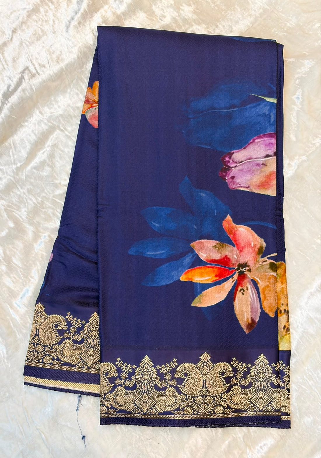 WAAH BANARAS 179E: Banarasi Crape Saree with Digital Floral Print &amp; Zari Border and Palla | Blue