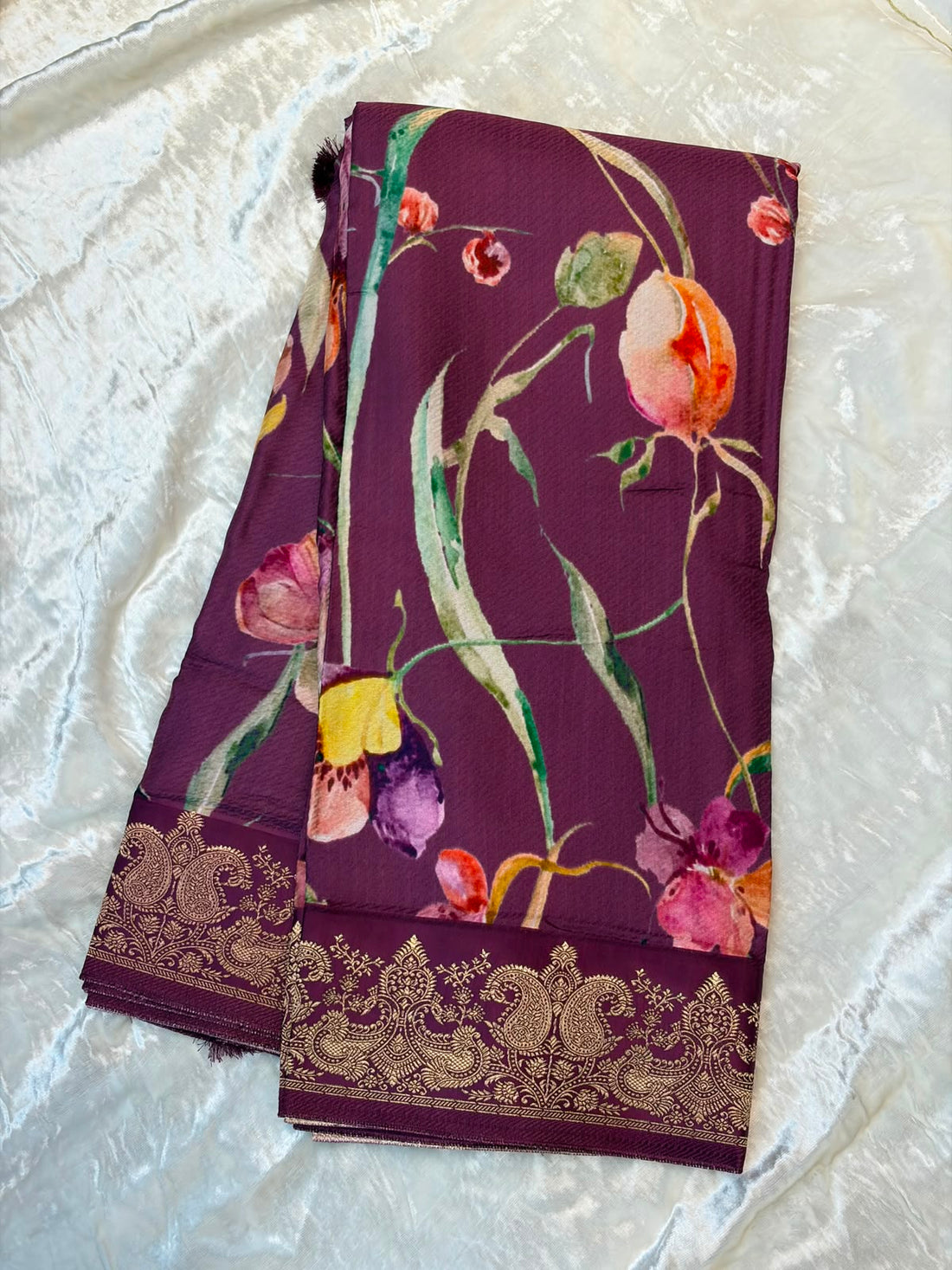 WAAH BANARAS 179F: Banarasi Crape Saree with Digital Floral Print &amp; Zari Border and Palla | Wine