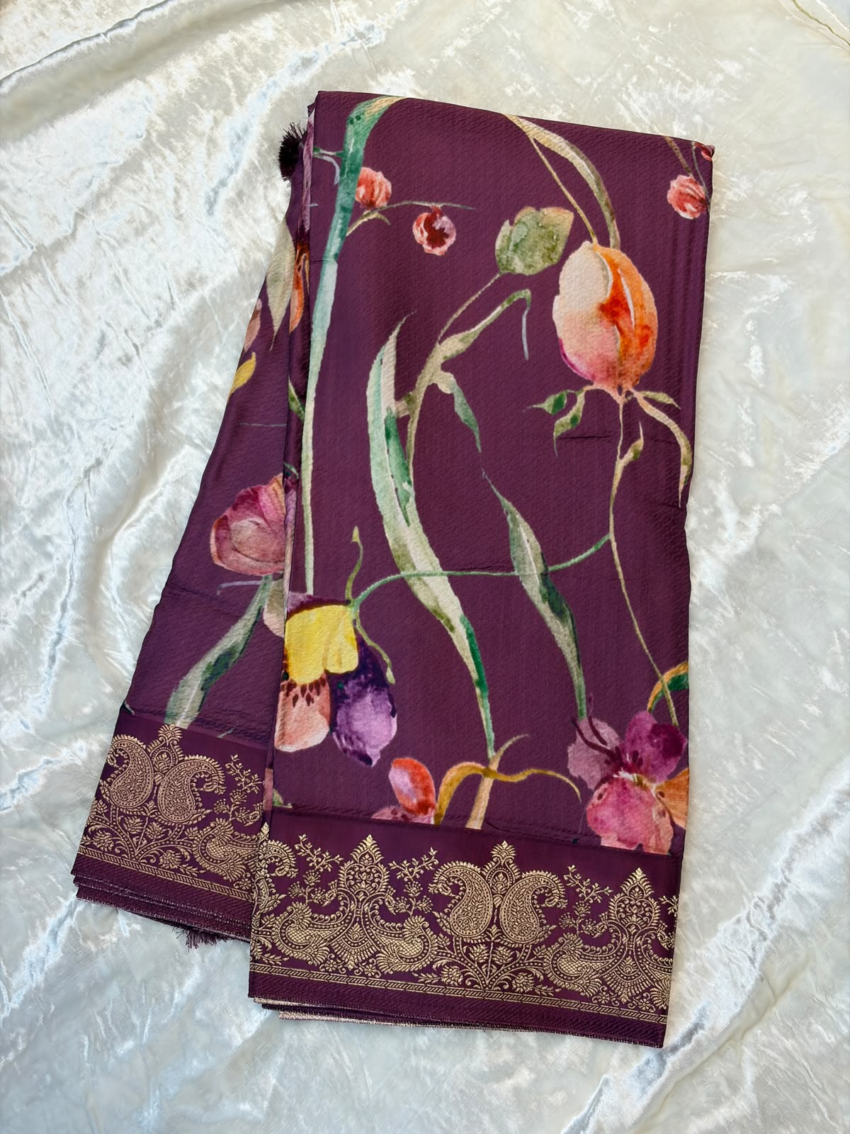 WAAH BANARAS 179F: Banarasi Crape Saree with Digital Floral Print &amp; Zari Border and Palla | Wine