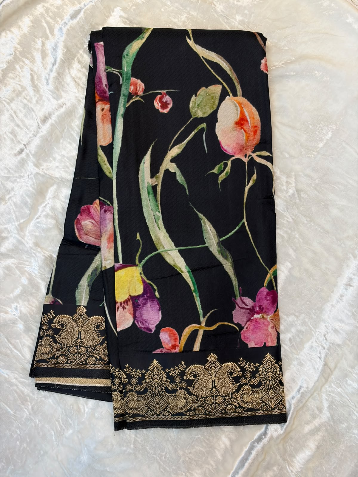 WAAH BANARAS 179C: Banarasi Crape Saree with Digital Floral Print &amp; Zari Border and Palla | Black