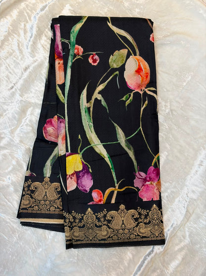 WAAH BANARAS 179C: Banarasi Crape Saree with Digital Floral Print &amp; Zari Border and Palla | Black