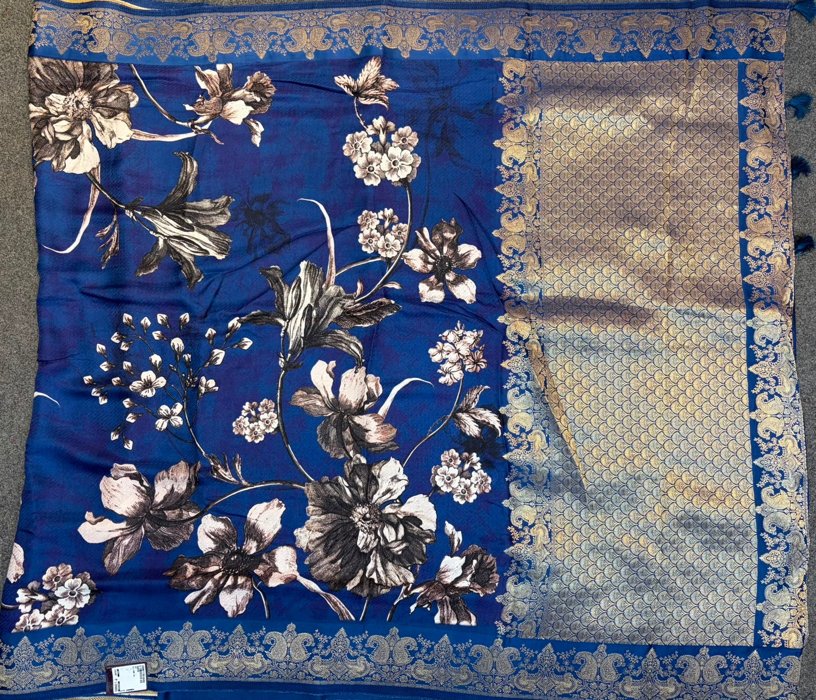 WAAH BANARAS 175: Banarasi Crape Saree with Digital Floral Print &amp; Zari Border and Palla | Navy Blue