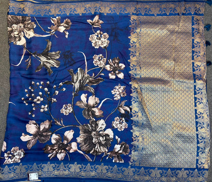 WAAH BANARAS 175: Banarasi Crape Saree with Digital Floral Print &amp; Zari Border and Palla | Navy Blue
