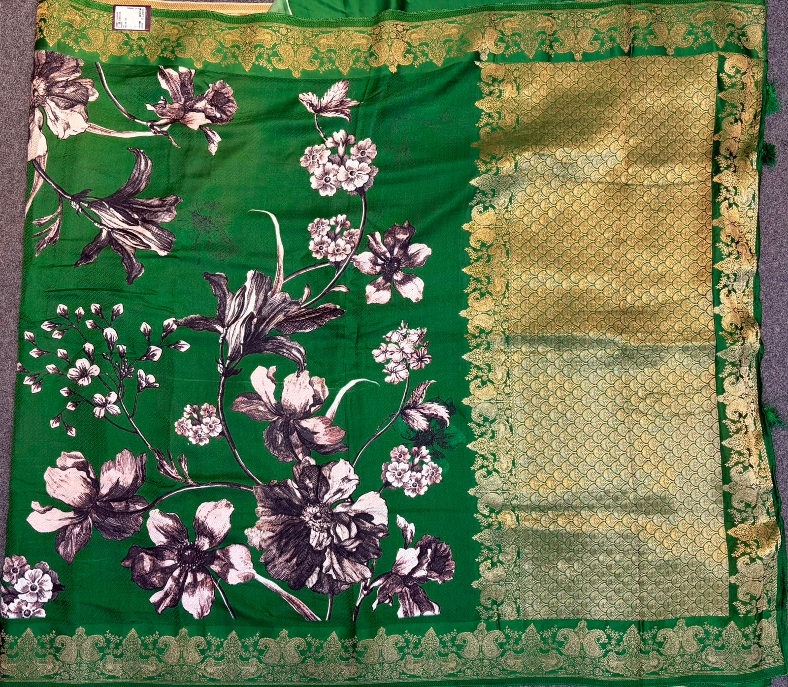 WAAH BANARAS 175C: Banarasi Crape Saree with Digital Floral Print &amp; Zari Border and Palla | Deep Green