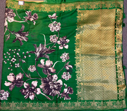 WAAH BANARAS 175C: Banarasi Crape Saree with Digital Floral Print &amp; Zari Border and Palla | Deep Green