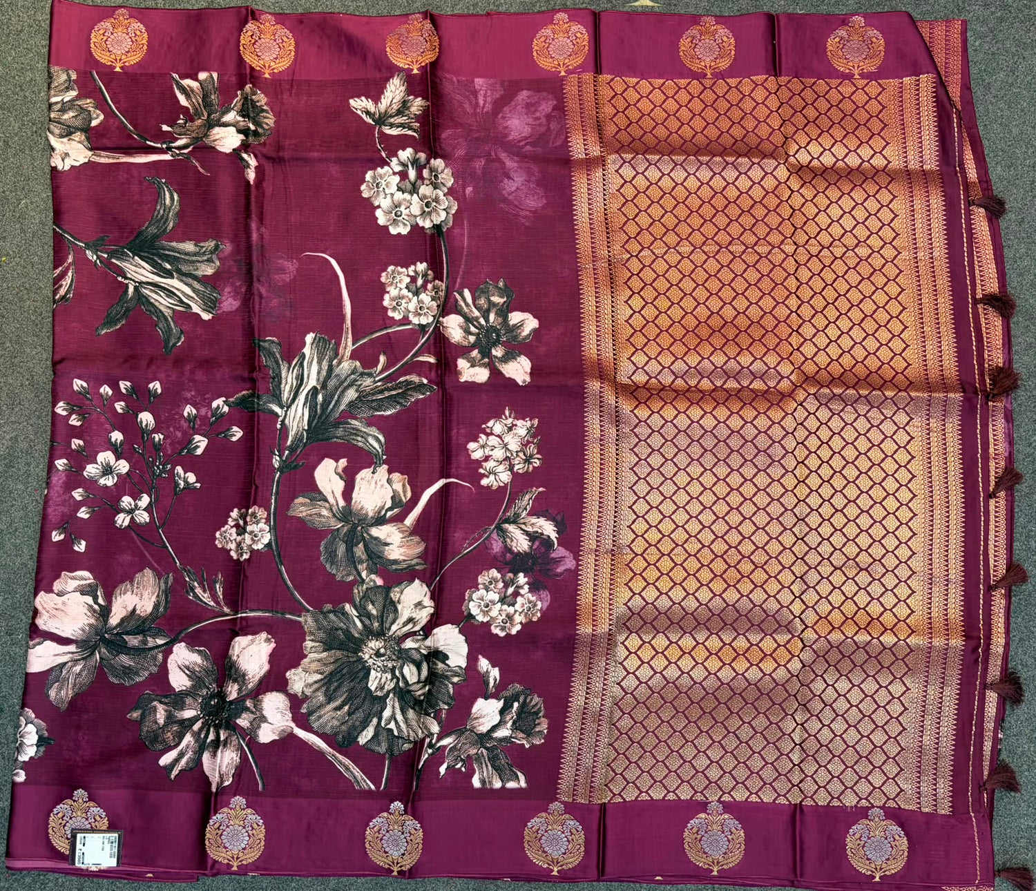 WAAH BANARAS 175B: Banarasi Crape Saree with Digital Floral Print &amp; Zari Border and Palla | Deep Purple