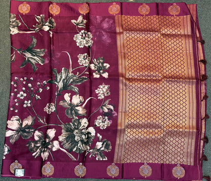 WAAH BANARAS 175B: Banarasi Crape Saree with Digital Floral Print &amp; Zari Border and Palla | Deep Purple
