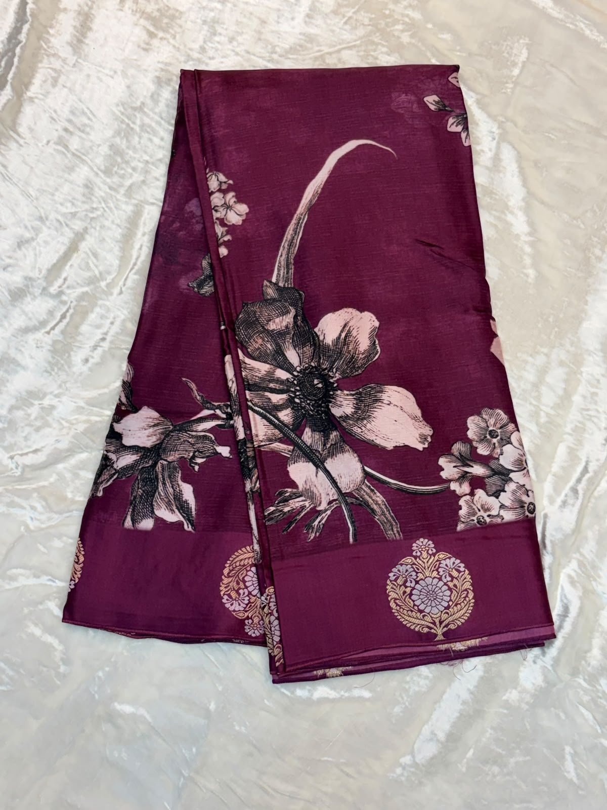 WAAH BANARAS 175B: Banarasi Crape Saree with Digital Floral Print &amp; Zari Border and Palla | Deep Purple