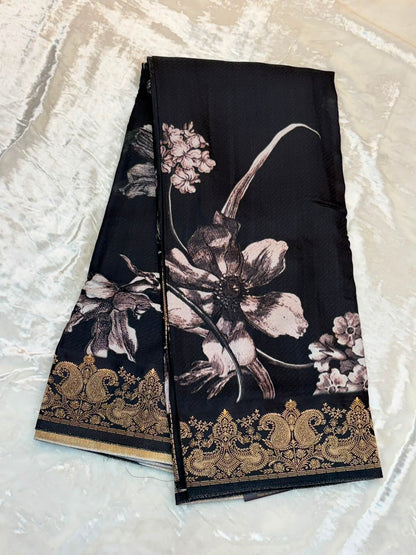 WAAH BANARAS 175D: Banarasi Crape Saree with Digital Floral Print &amp; Zari Border and Palla | Deep Green