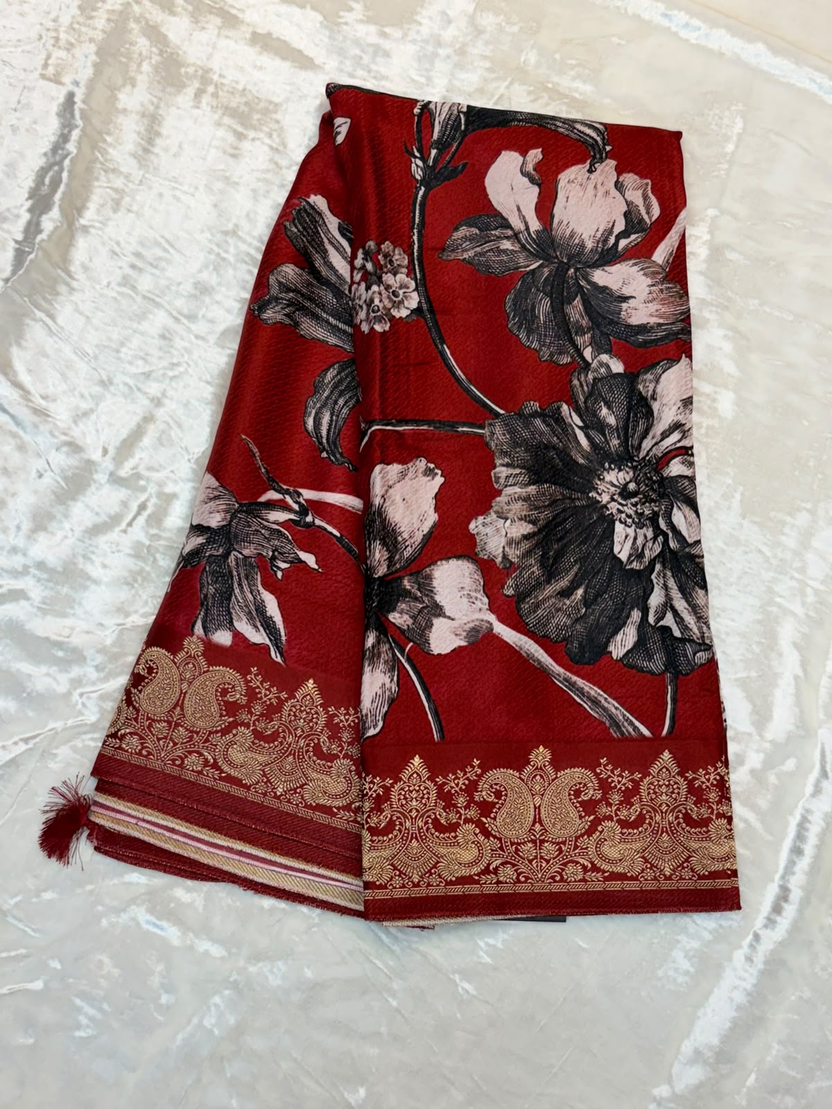 WAAH BANARAS 175A: Banarasi Crape Saree with Digital Floral Print &amp; Zari Border and Palla | Maroon