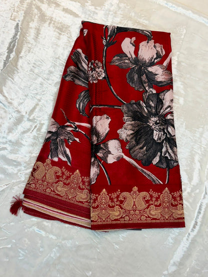 WAAH BANARAS 175A: Banarasi Crape Saree with Digital Floral Print &amp; Zari Border and Palla | Maroon
