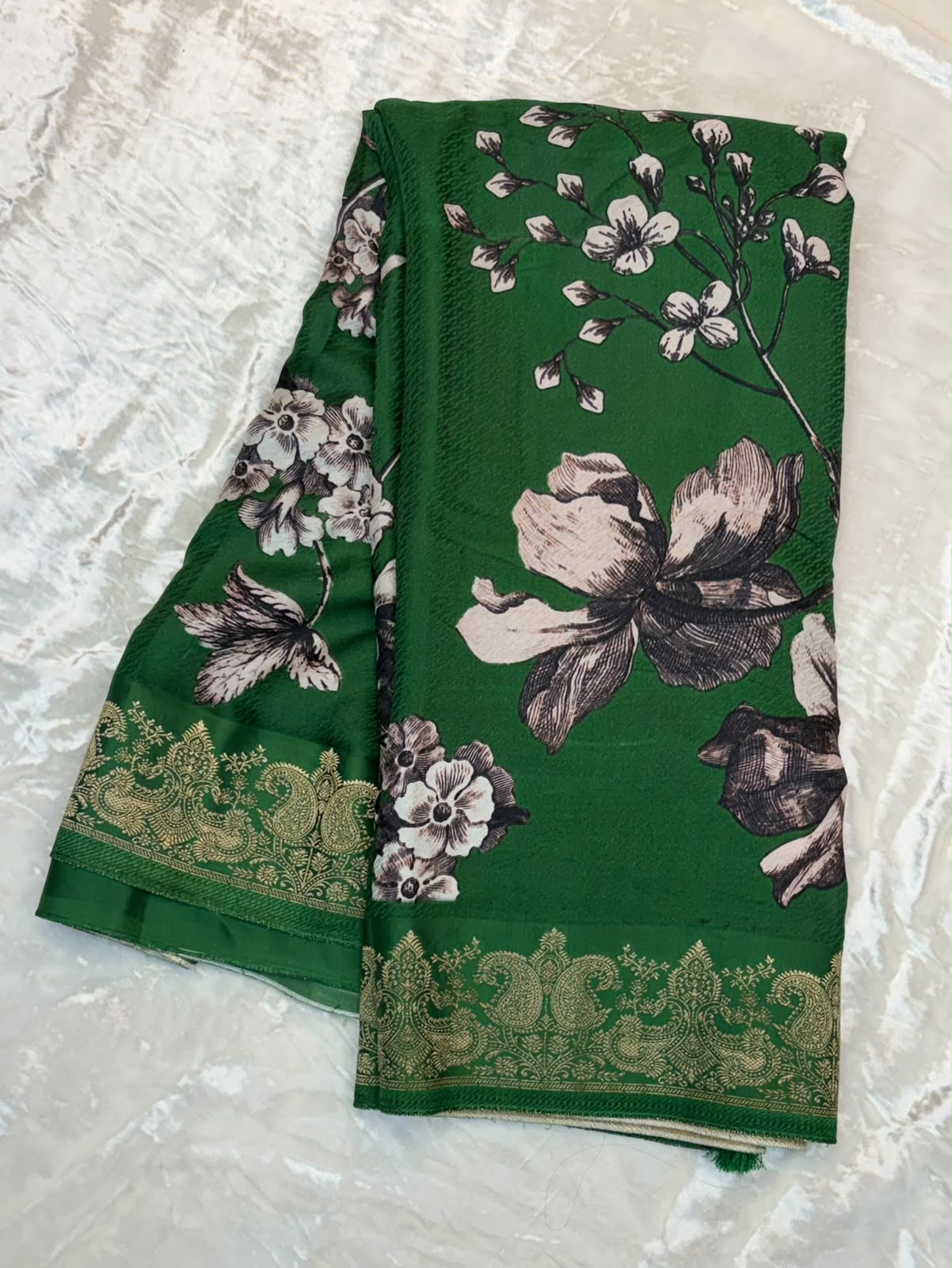 WAAH BANARAS 175C: Banarasi Crape Saree with Digital Floral Print &amp; Zari Border and Palla | Deep Green