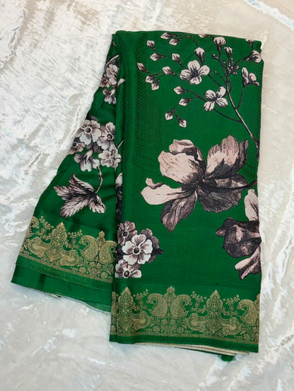 WAAH BANARAS 175C: Banarasi Crape Saree with Digital Floral Print &amp; Zari Border and Palla | Deep Green