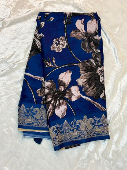 WAAH BANARAS 175: Banarasi Crape Saree with Digital Floral Print &amp; Zari Border and Palla | Navy Blue