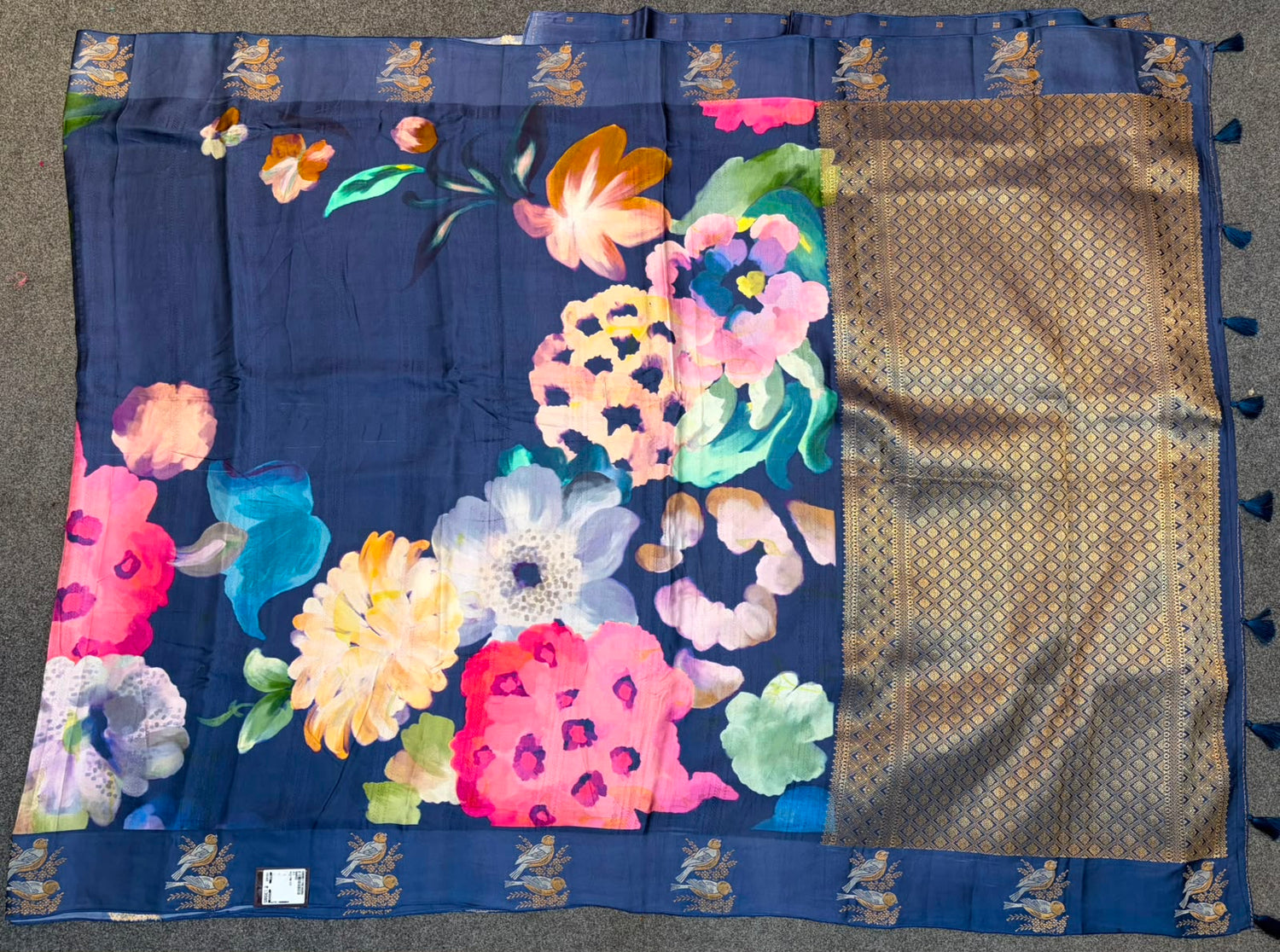 WAAH BANARAS 177: Banarasi Crape Saree with Digital Floral Print &amp; Zari Border and Palla | Navy Blue
