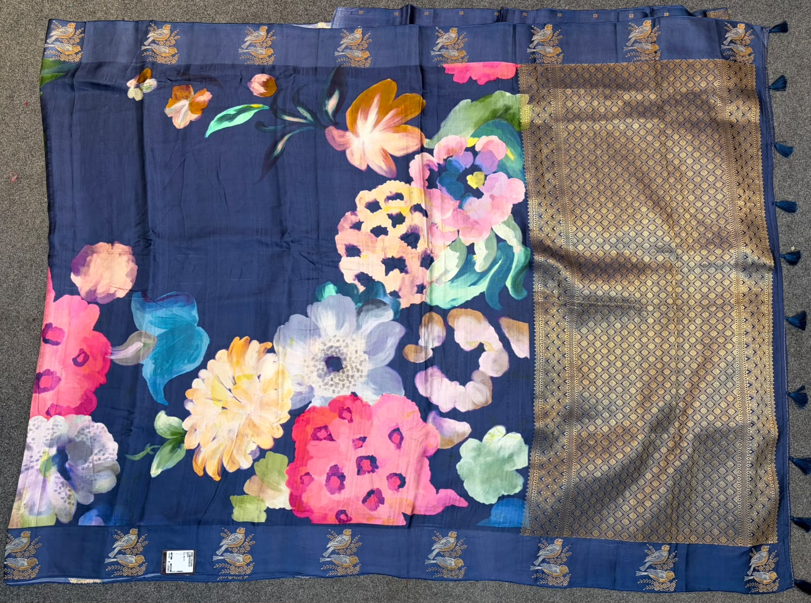 WAAH BANARAS 177: Banarasi Crape Saree with Digital Floral Print &amp; Zari Border and Palla | Navy Blue