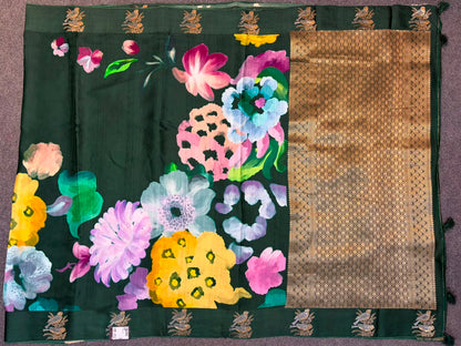 WAAH BANARAS 177B: Banarasi Crape Saree with Digital Floral Print &amp; Zari Border and Palla | Bottle Green