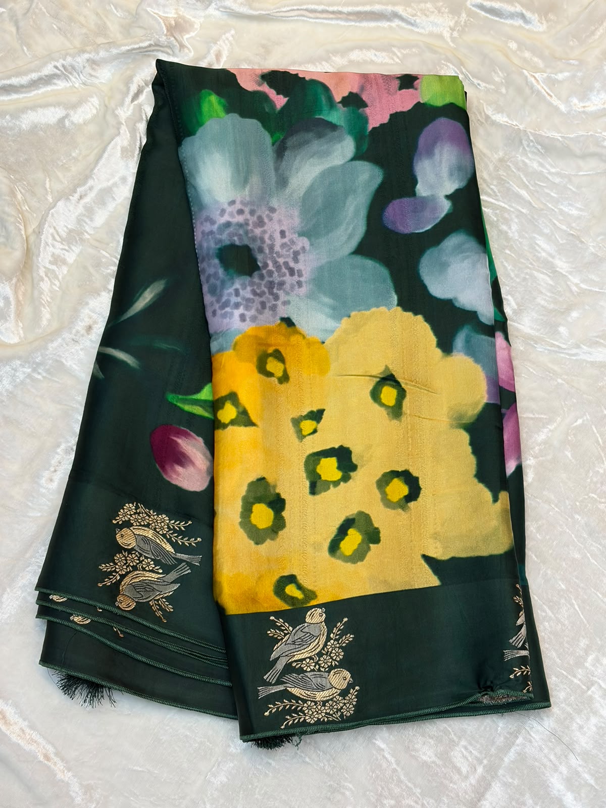 WAAH BANARAS 177B: Banarasi Crape Saree with Digital Floral Print &amp; Zari Border and Palla | Bottle Green
